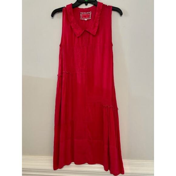 Rare Johnny Was Dress Patchwork Red Peter Pan Collar Sleeveless Small Ruffle - Picture 1 of 8